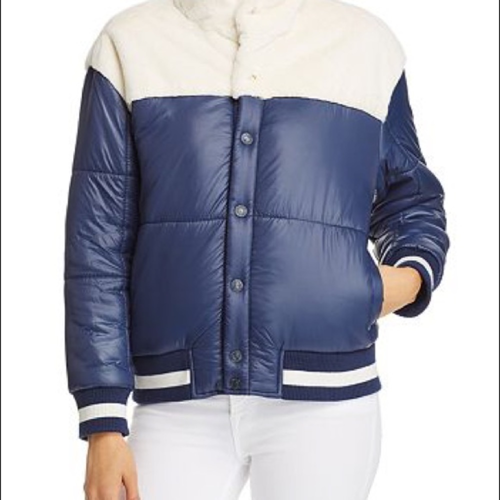 Mother denim puffer jacket faux fur worn once